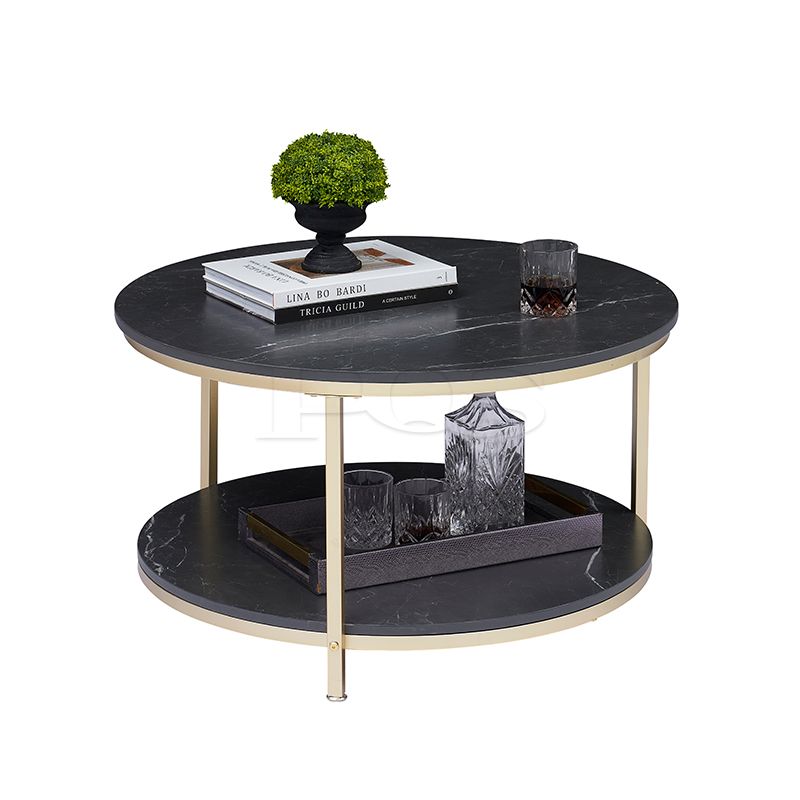 Traditional Double-layer Black Marble Coffee Table with Champagne Gold Legs