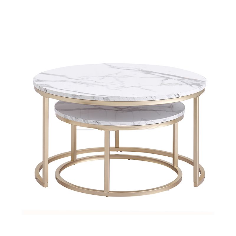 Modern Dual Gold White Marble Coffee Table Round Mini with Colored Furnish and Storage-capable Table