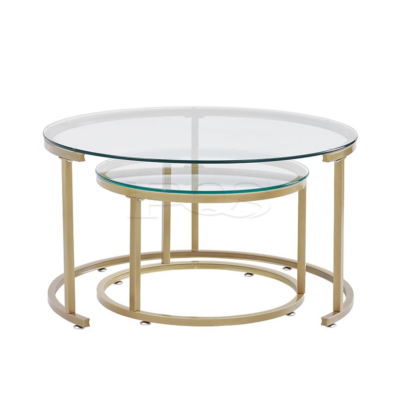 Modern Twin Gold with Glass Coffee Table Round Mini with Colored Furnish and Storage-capable Table