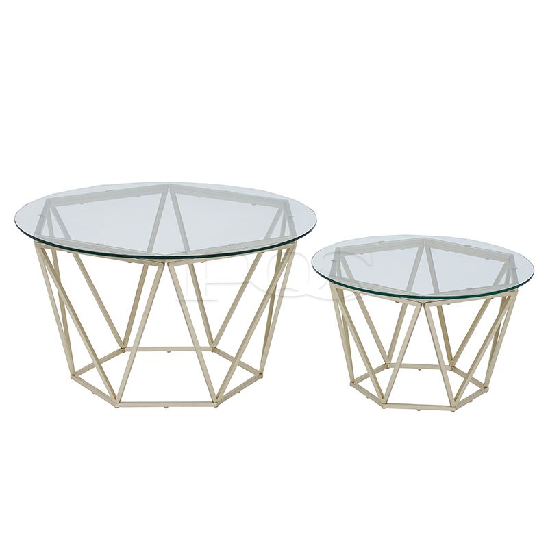 Contemporary Twin Hexagon Glass Coffee Tables with Golden Finish