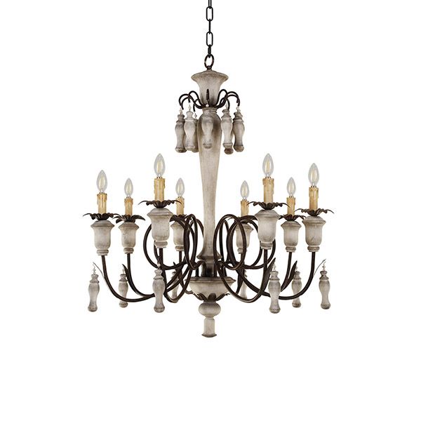 Antique Ivory White Candlestick 8-Holder Traditional Chandelier, Iron Wood Stylish Pendant