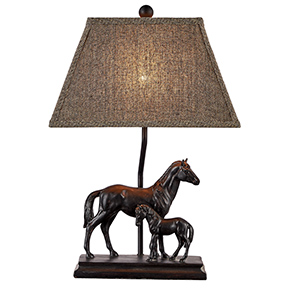 Horse statues Brown Fabric Shade Table Lamp with Poly-resin Base